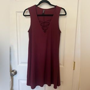 Ribbed Burgundy Criss-Cross Shift Mini Dress